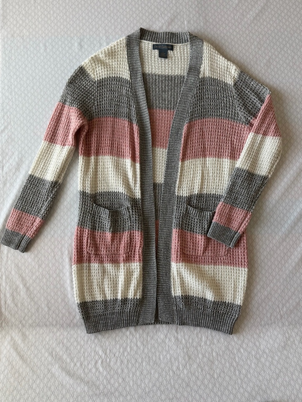 Expressions Striped Open-Front Cardigan - Gray, Cream & Pink